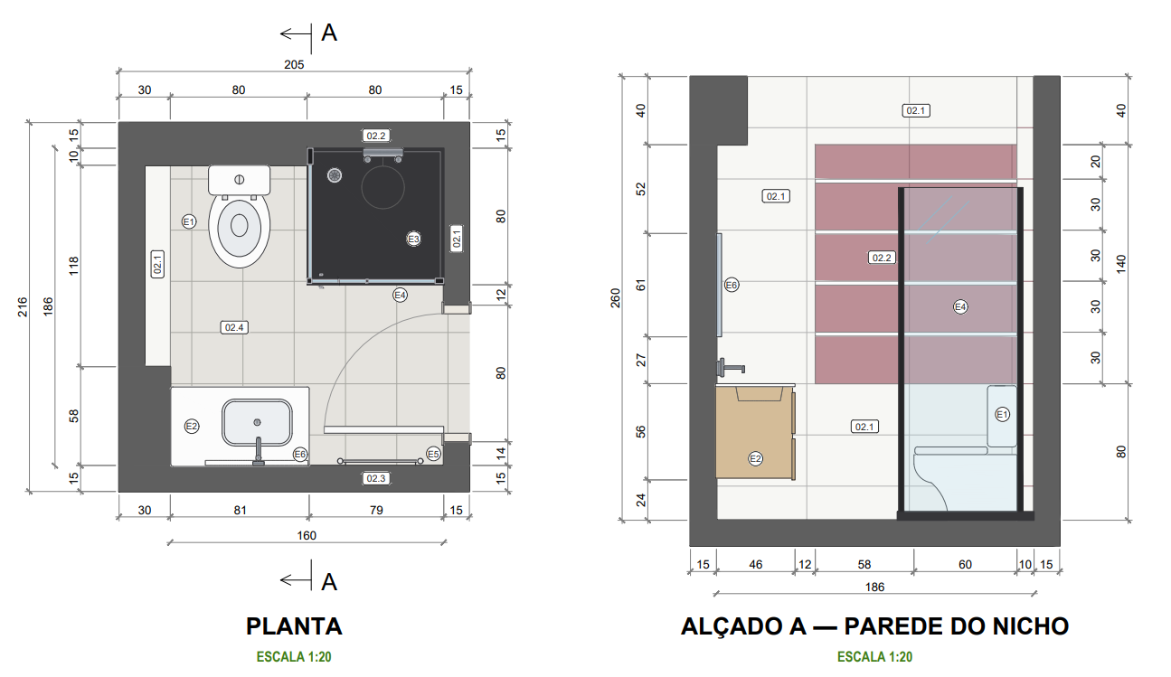 Planta e alçado da casa de banho